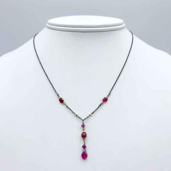 Oxidized Silver Chain with Ruby and 14 Karat Yellow Gold Beads Necklace