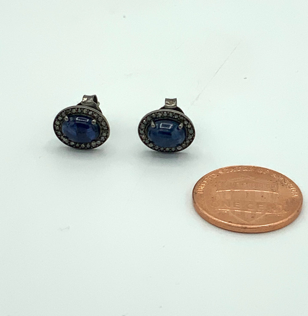Sapphire Diamond Post Earrings Set in Oxidized Silver