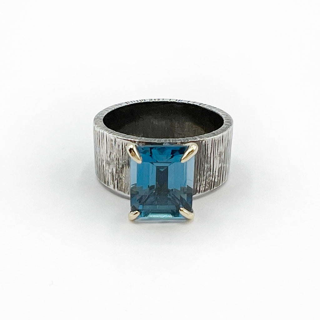 Blue Topaz Emerald Cut with Sterling Silver Band Ring