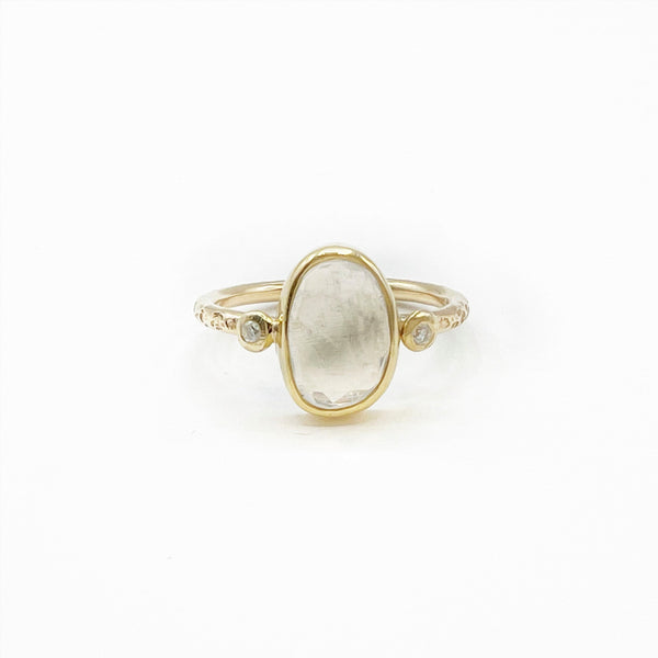 Oval Moonstone 14 Karat Yellow Gold Hammered Diamond Ring