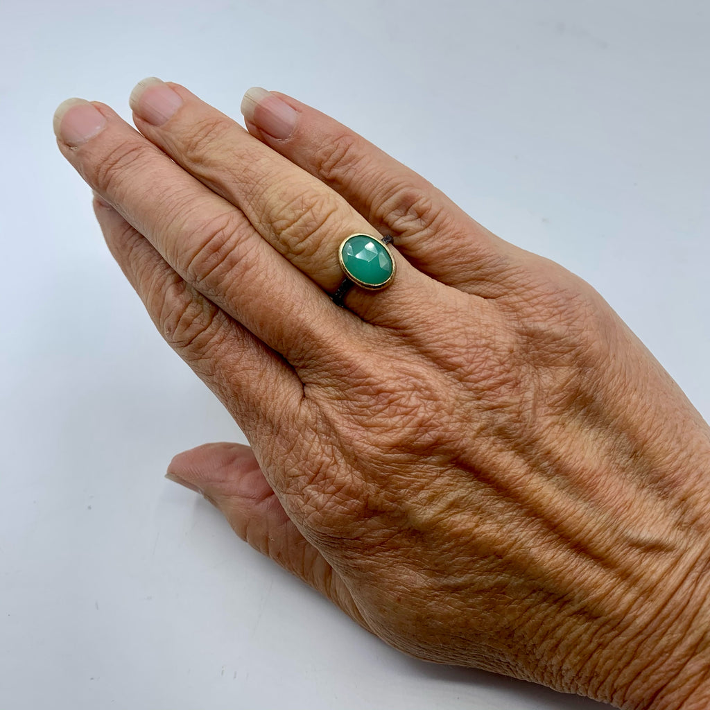 Sterling Silver and Gold Opal Chrysoprase Hammered Ring