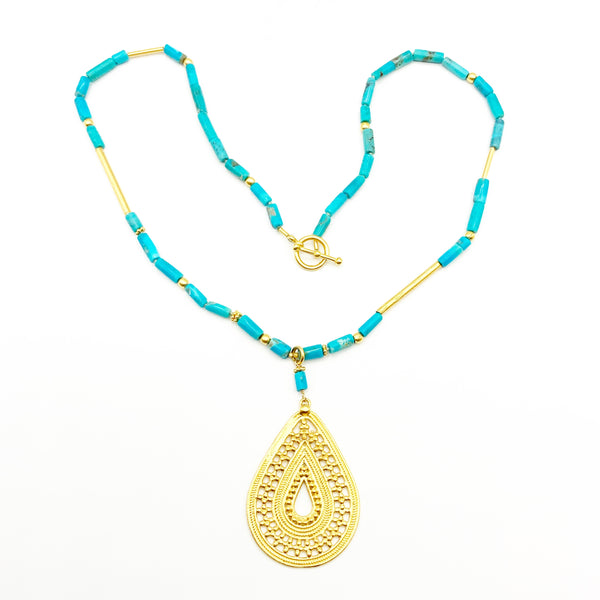 Turquoise Beads with Gold Vermeil Pendant and Beads Necklace