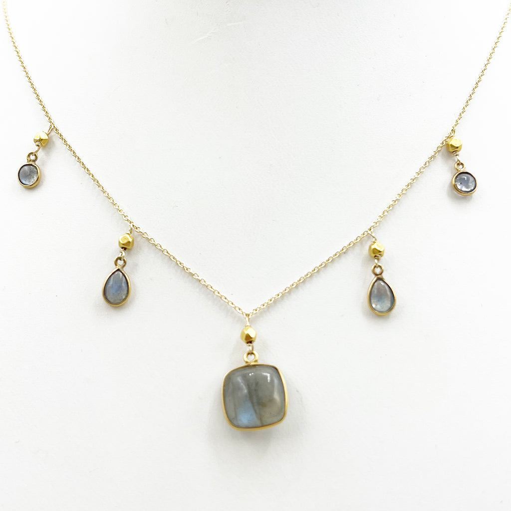 Delicate Greys and Blues Floating on a Golden Chain Necklace