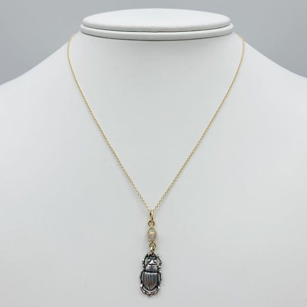 Sterling Silver Beetle with 14 Karat Yellow Gold Opal Setting Pendant