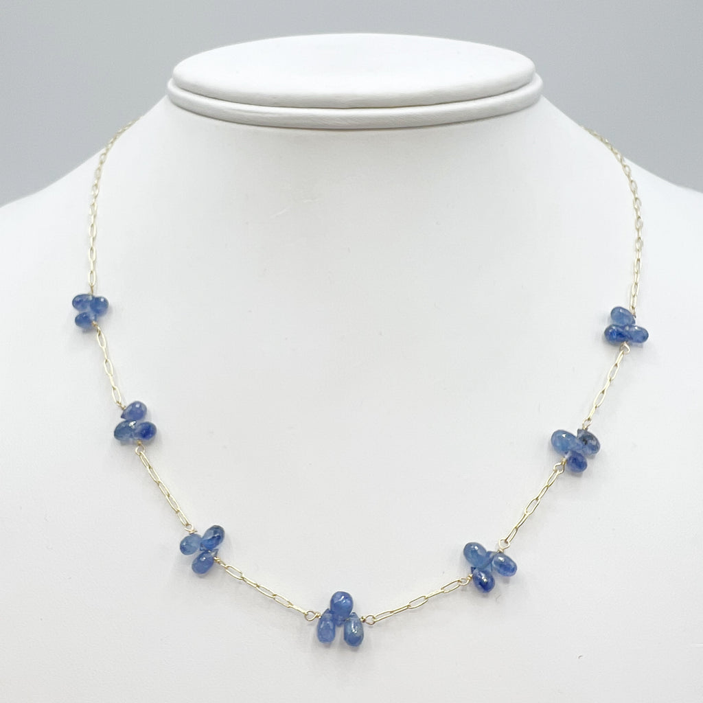 Blue Sapphire Flower Briolettes on a 14 Karat Gold Chain