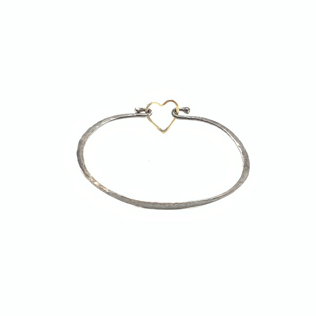 Oxidized silver bracelet hammered finish with 14 karat gold heart
