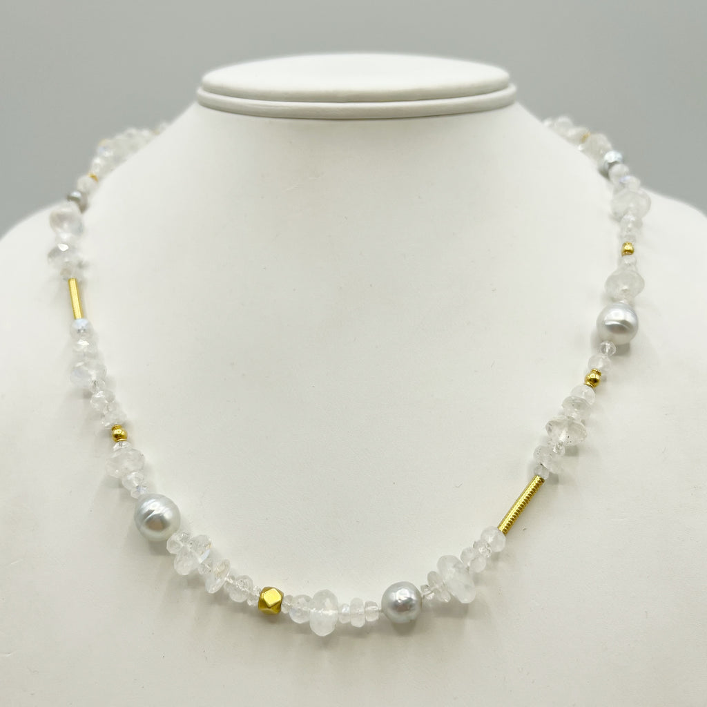Moonstones South Sea Pearls and Bright Gold Accent Necklace