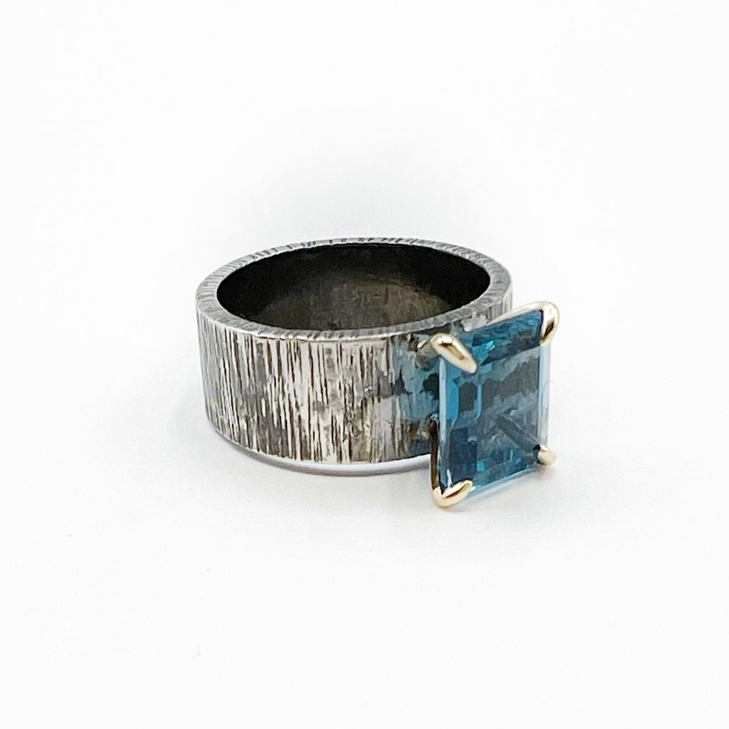 Blue Topaz Emerald Cut with Sterling Silver Band Ring