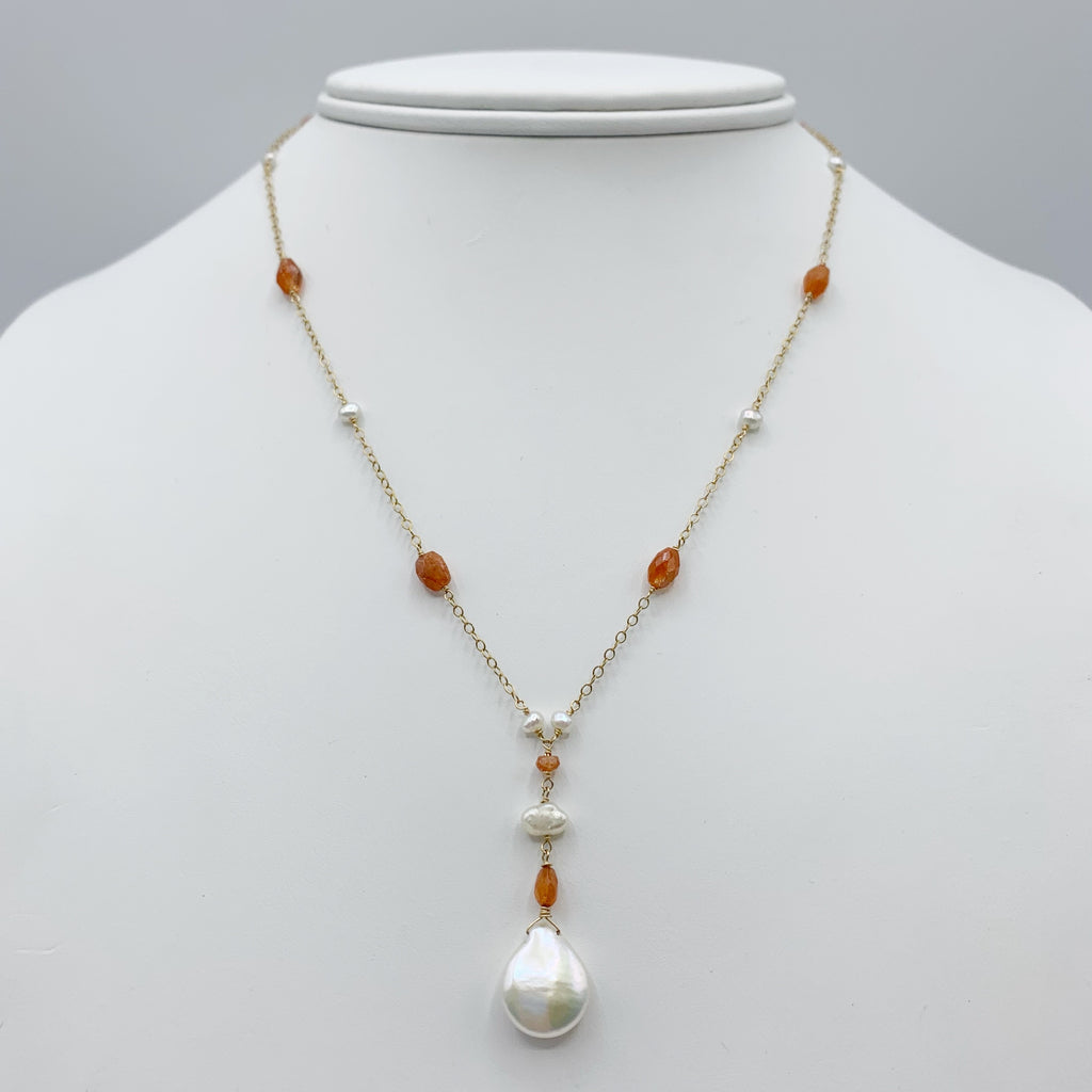 Yellow Gold Filled with Pearls and Oval Sunstones Necklace