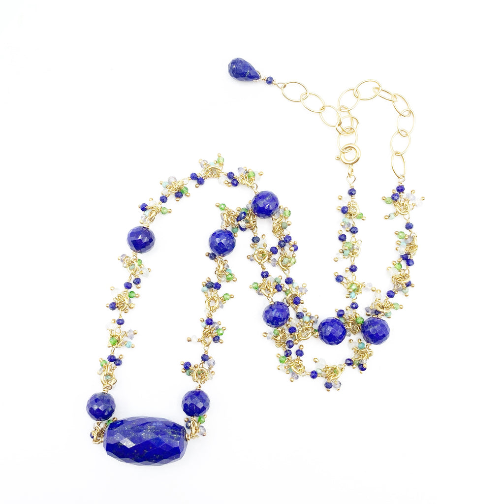Large Lapis Beads and Small Multi-colored Beads Necklace