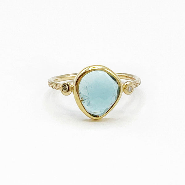 Pear Tourmaline and Diamond 14 Karat Yellow Gold Hammered Ring