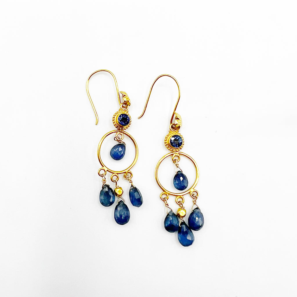 Sapphire Drops in Sphere of 18 Karat Gold Chandelier Earrings
