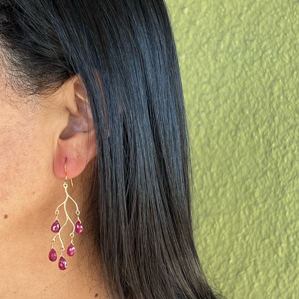 Gold Branch Earrings with Ruby Briolettes