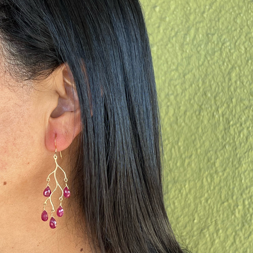 Gold Branch Earrings with Ruby Briolettes