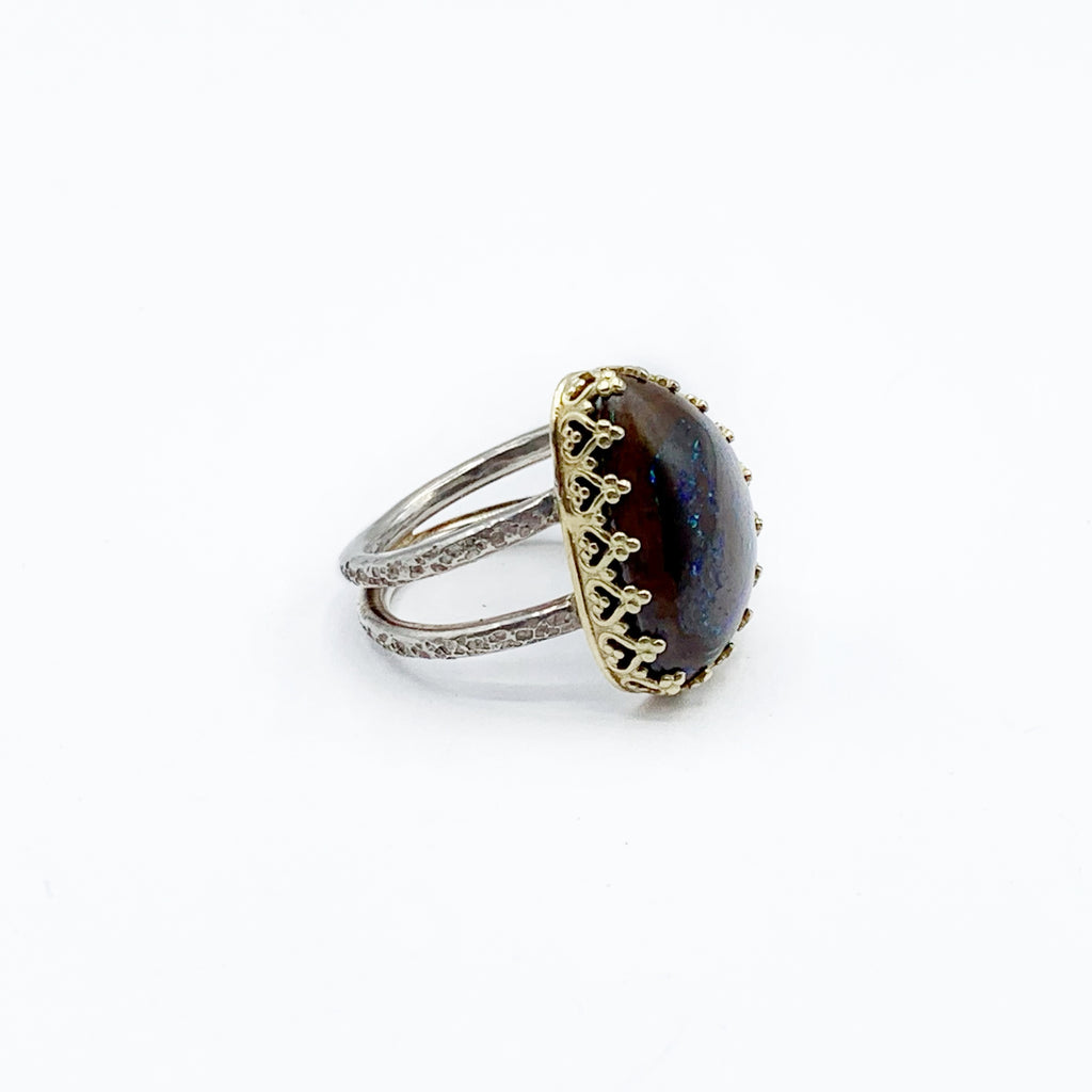 Sterling Silver Irregular Shaped Boulder Opal Hammered Ring