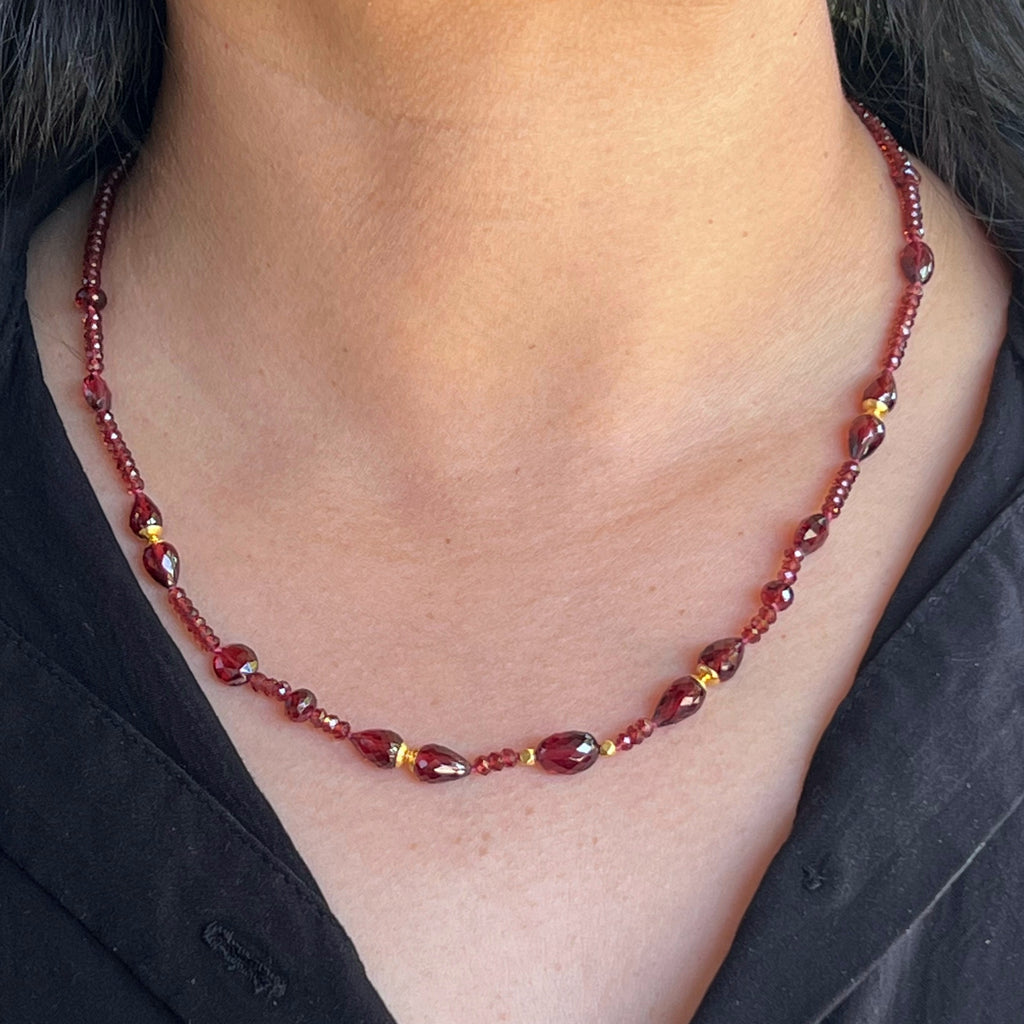 Red Garnet Beaded Necklace with Bright 18K Gold Accents