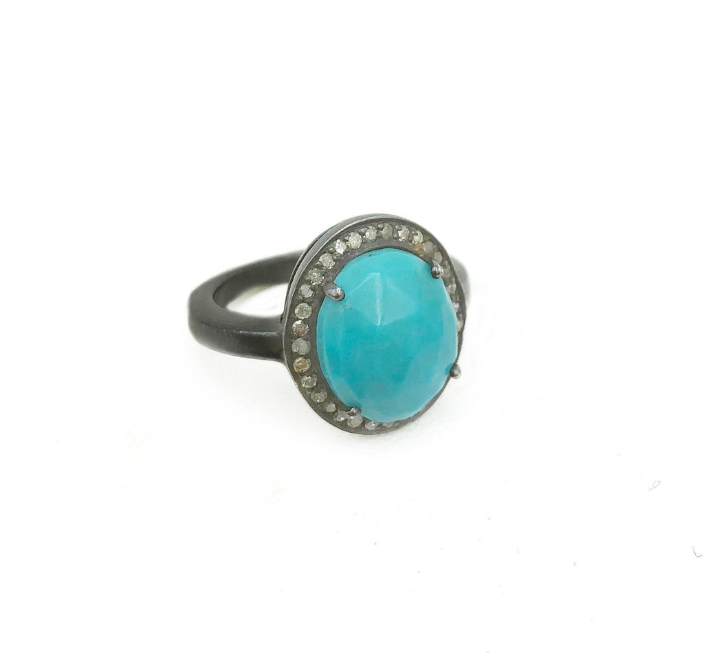 Turquoise and Diamond Oxidized Sterling Silver Ring