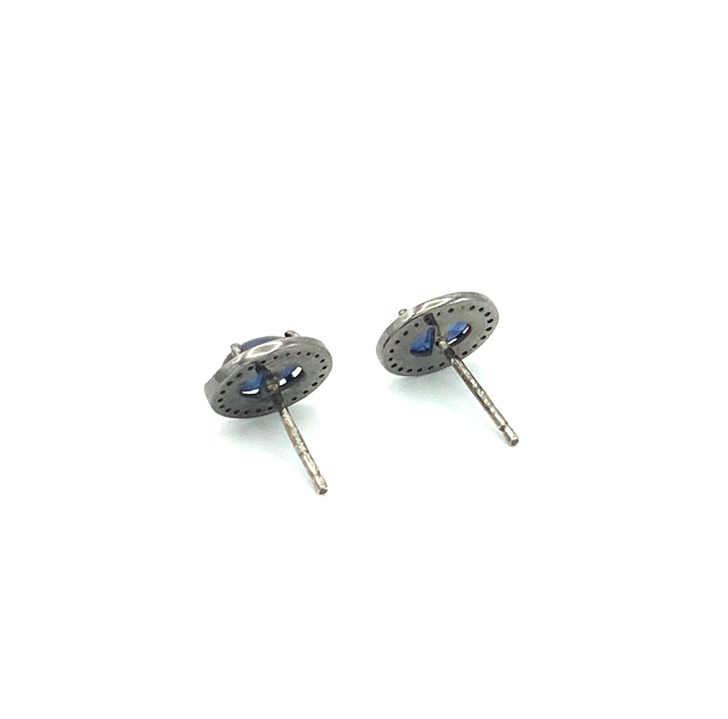 Sapphire Diamond Post Earrings Set in Oxidized Silver