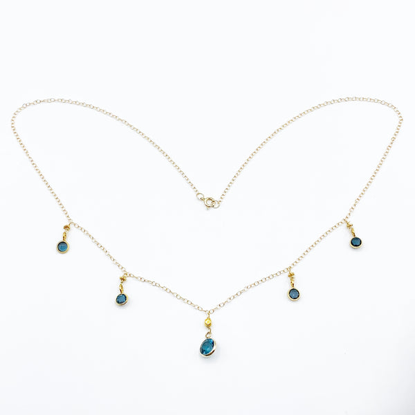 Blue Topaz Bezel Drops with 18 Karat Yellow Gold Beads on 14 Karat Yellow Gold Chain Necklace