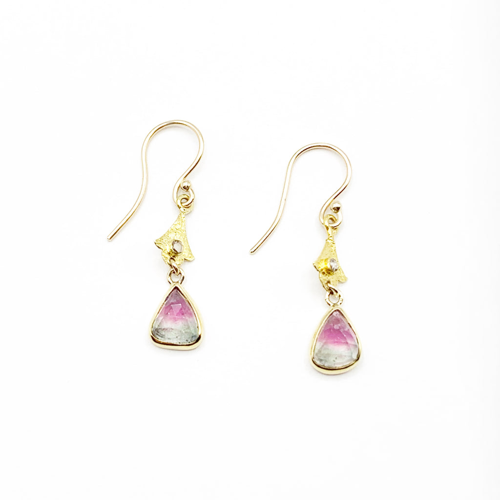 Watermelon Tourmaline with 14 Karat Yellow Gold and Diamond Drop Earrings