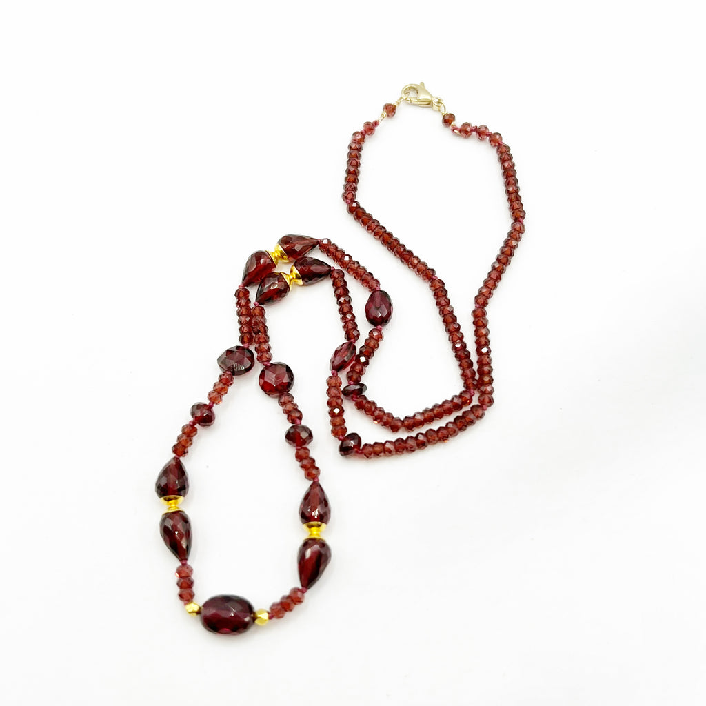 Red Garnet Beaded Necklace with Bright 18K Gold Accents