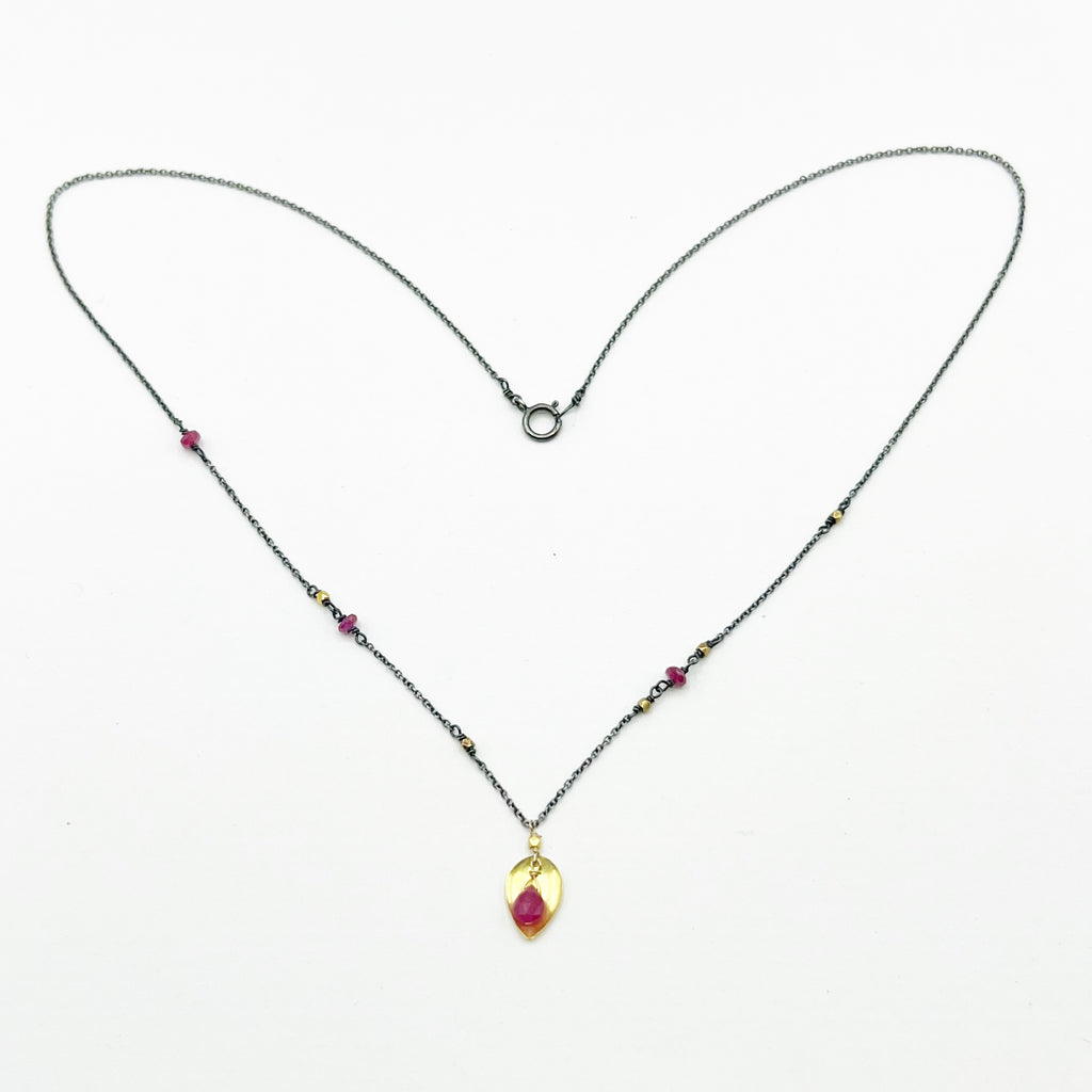 Ruby and Gold Beads and Accents on Sterling Silver Patina Chain