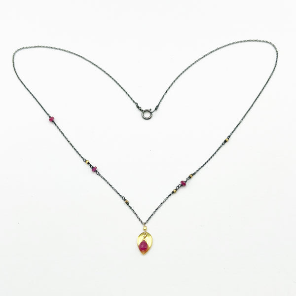 Ruby and Gold Beads and Accents on Sterling Silver Patina Chain