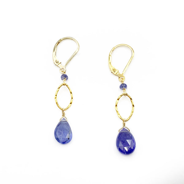 Tanzanite Drops on Gold Vermeil Hammered Oval On 14K Gold Filled Wire Earrings