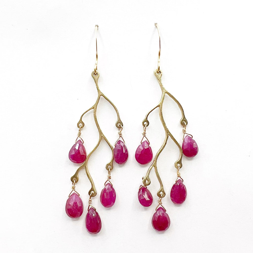 Gold Branch Earrings with Ruby Briolettes
