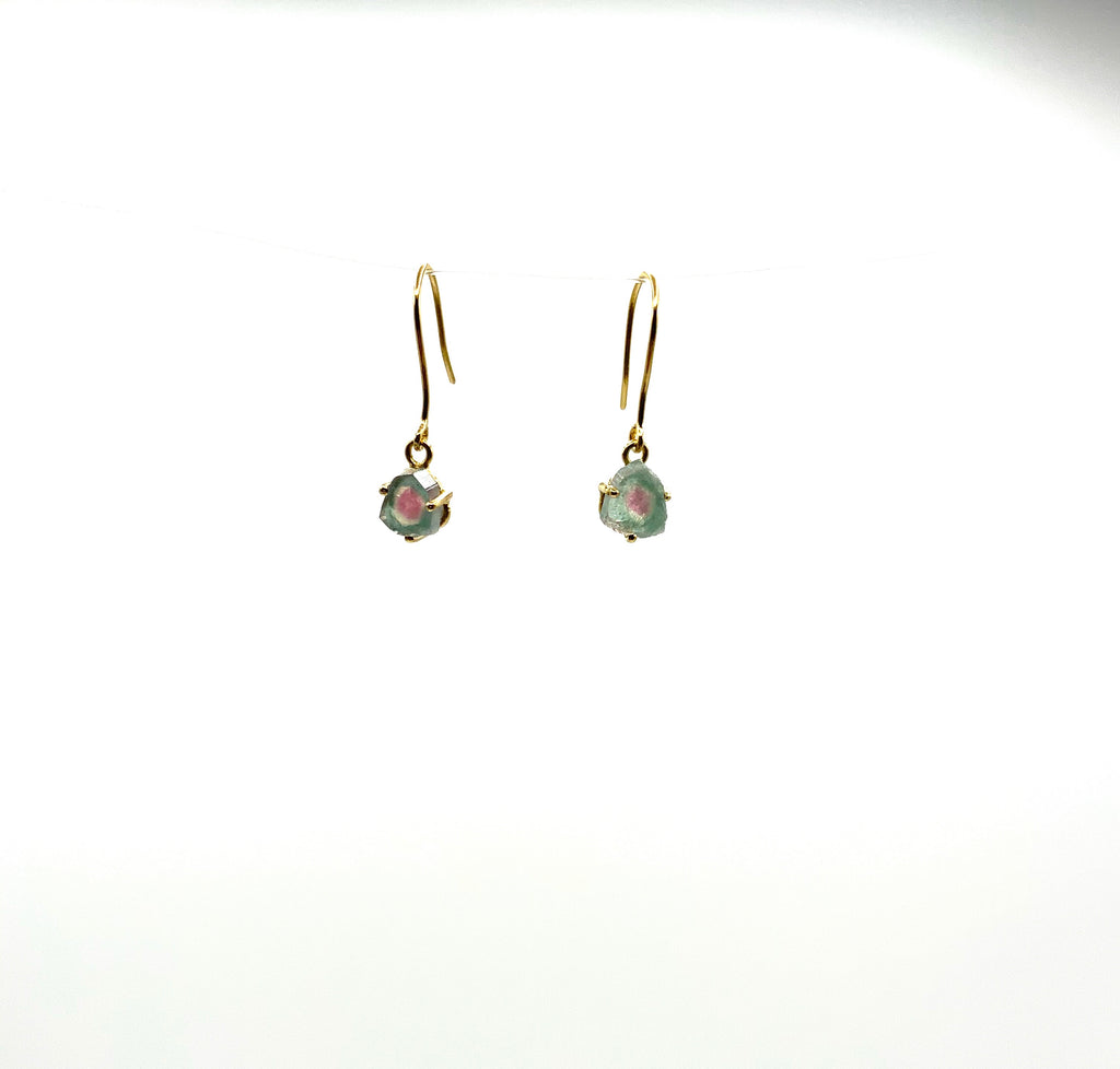 Watermelon Tourmaline 14 Karat Yellow Gold Earrings