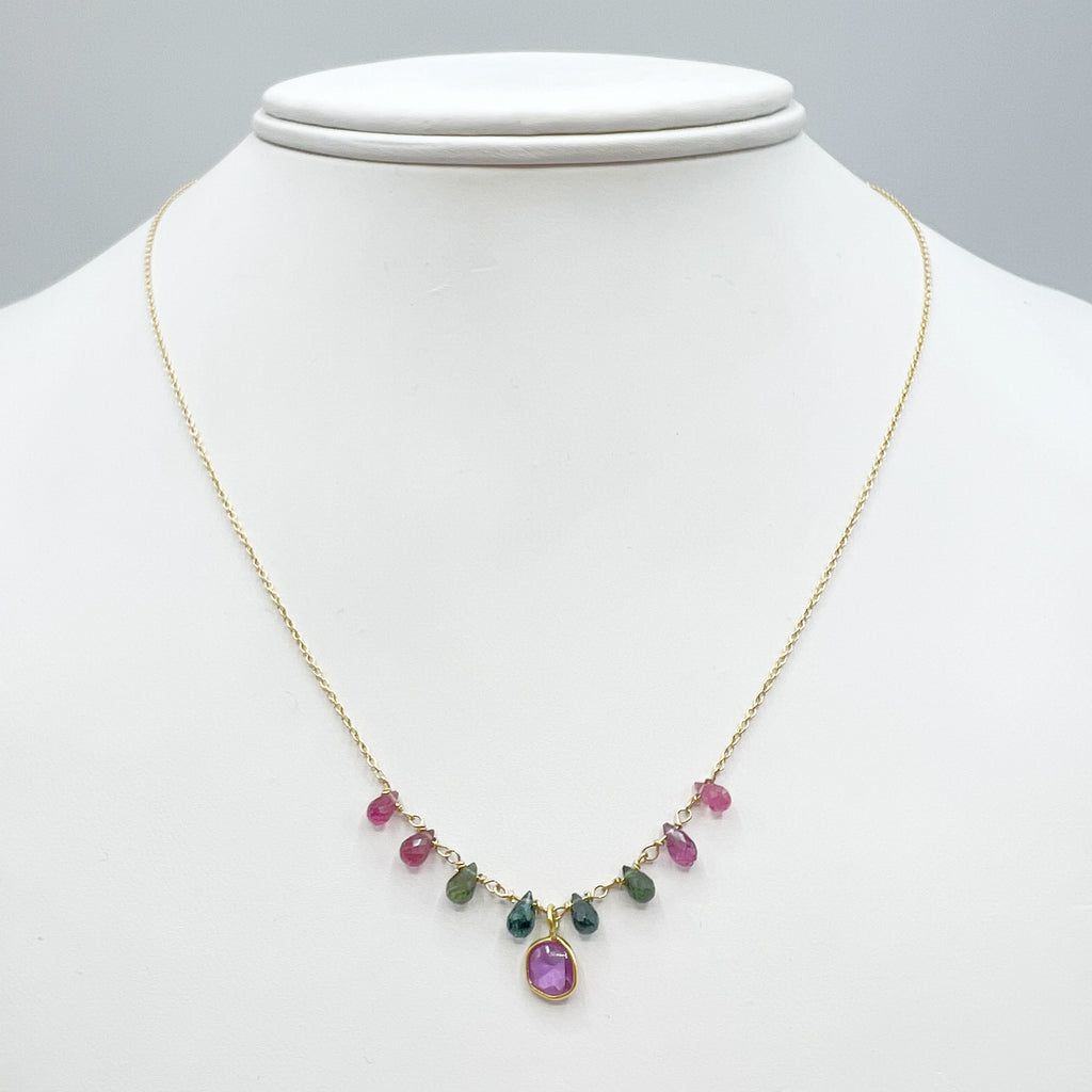 Tourmaline Drops w/ Pink Sapphire Pendant 14 Karat Yellow Gold Chain Necklace