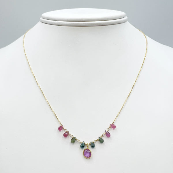 Tourmaline Drops w/ Pink Sapphire Pendant 14 Karat Yellow Gold Chain Necklace