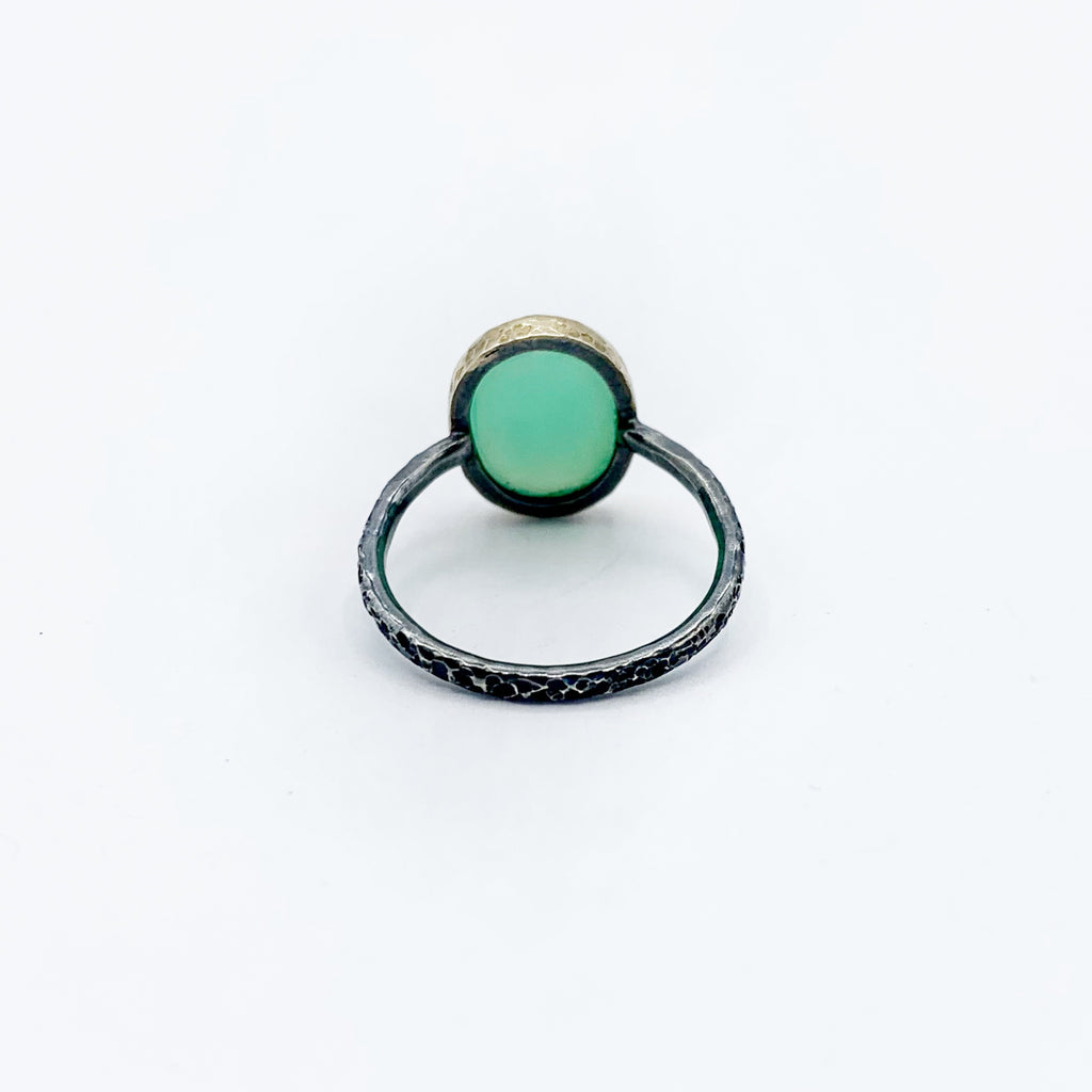 Sterling Silver and Gold Chrysoprase Hammered Ring
