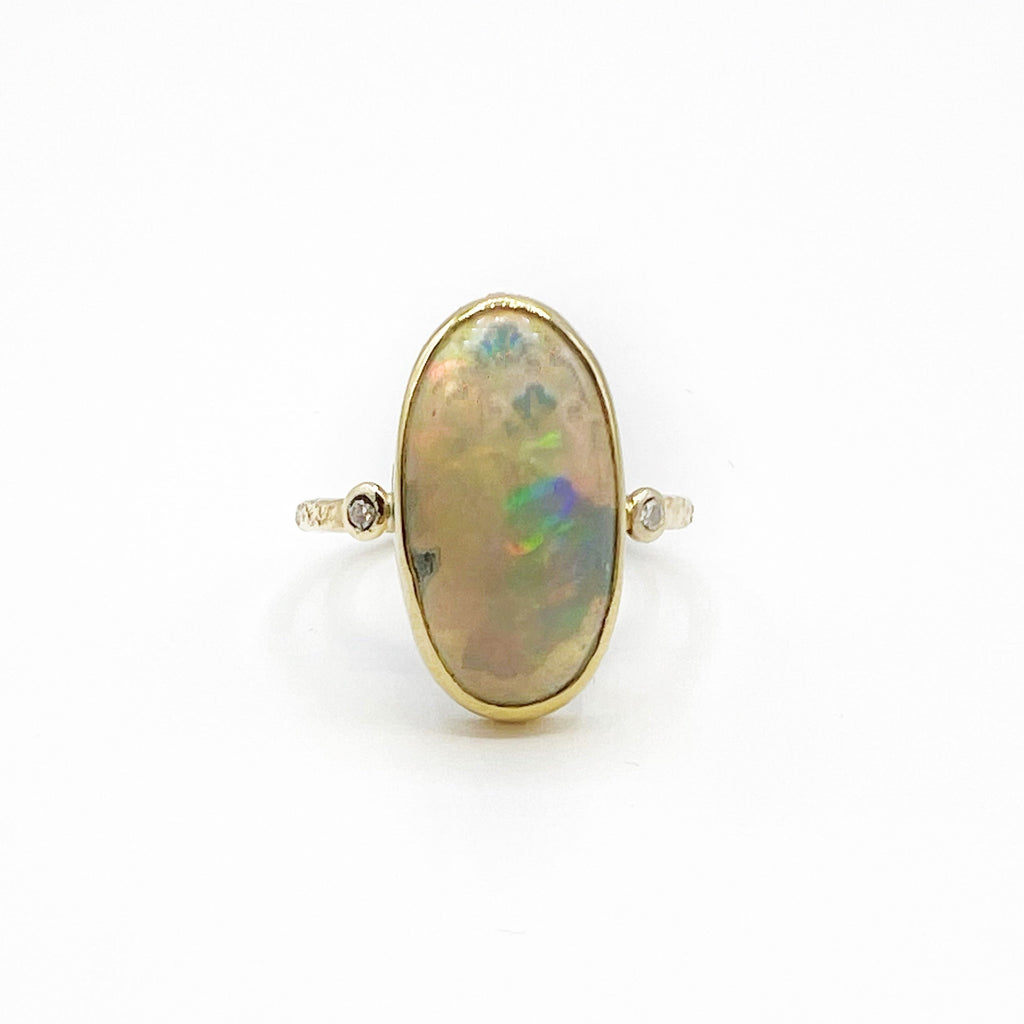Ethiopian Oval 14 Karat Yellow Gold Ring with 2 Diamonds