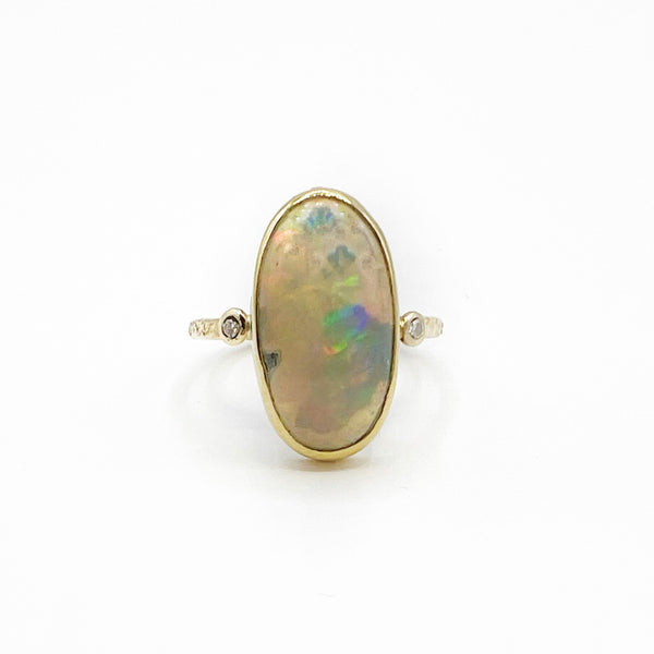 Ethiopian Oval 14 Karat Yellow Gold Ring with 2 Diamonds