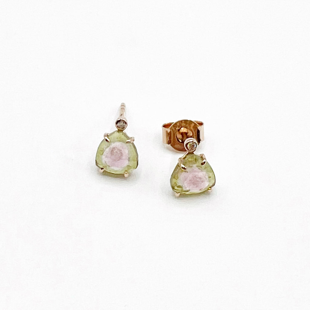 Delicate Rose Gold, Diamond and Watermelon Tourmalines Stud Earrings