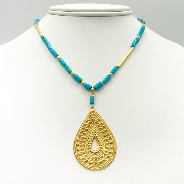 Turquoise Beads with Gold Vermeil Pendant and Beads Necklace