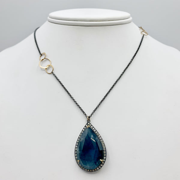 Moss Aqua and White Sapphire on Oxidized Silver Chain Necklace
