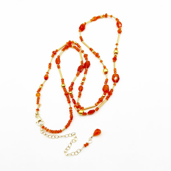 Fiery Carnelian and Gold Freeform Shapes Beads Necklace