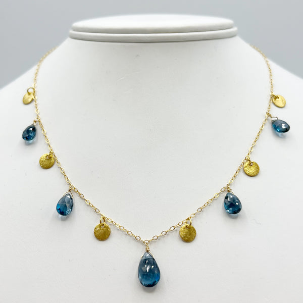 Blue Topaz Drops on Gold Vermeil Chain and Discs Necklace