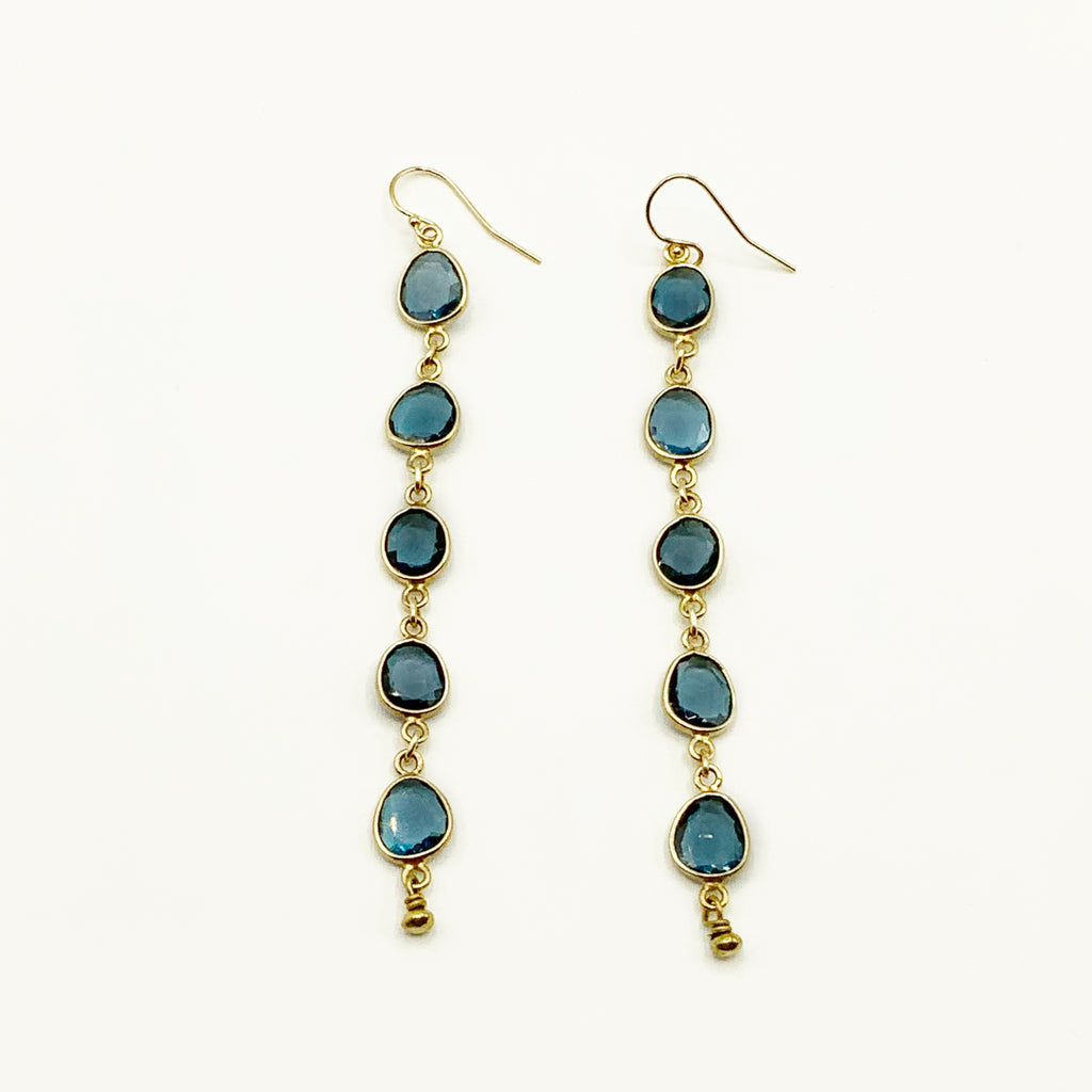 Yellow Gold Plated Oval Blue Topaz Drop Earrings