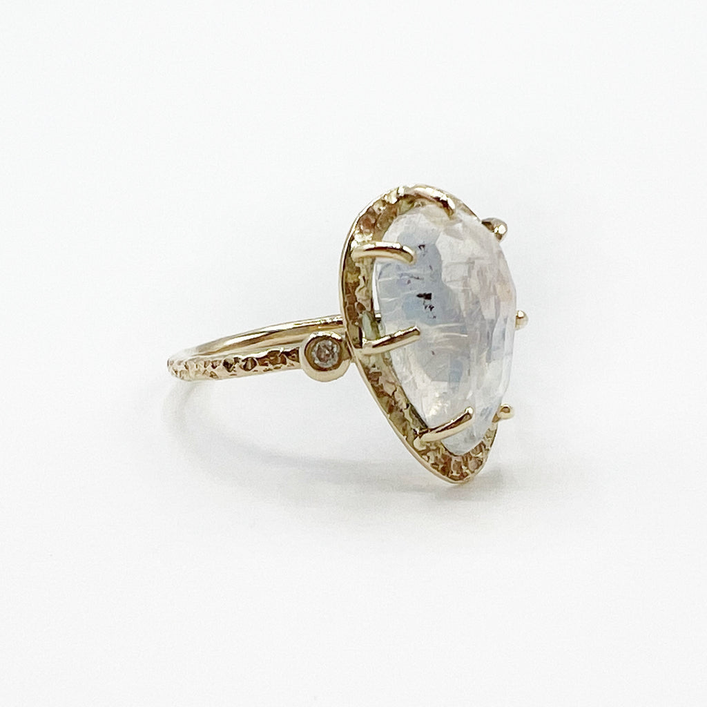 Moonstone Teardrop 14 Karat Yellow Gold with Diamonds Ring