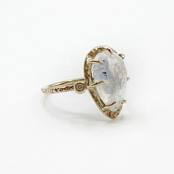 Moonstone Teardrop 14 Karat Yellow Gold with Diamonds Ring