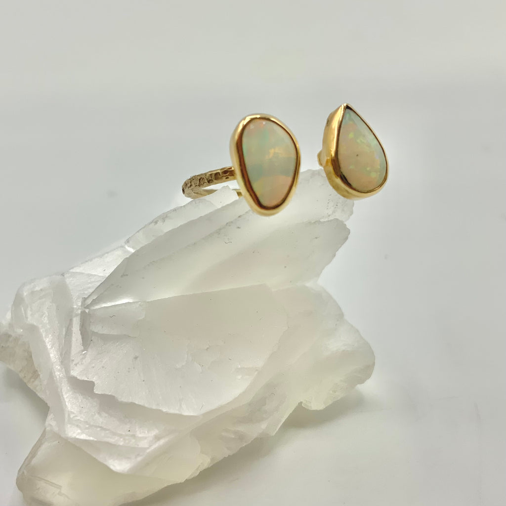 Rainbows in Fog Teardrop Opals Encircled in Gold