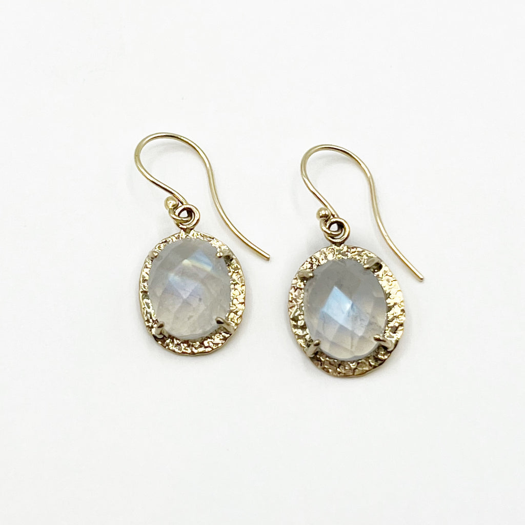 Teardrop Moonstones Encircled in Hammered Yellow Gold