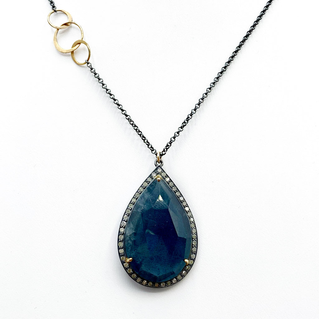 Moss Aqua and White Sapphire on Oxidized Silver Chain Necklace