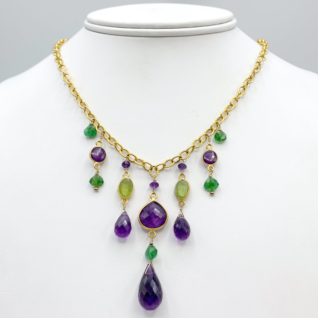 Gold Plated Pear Amethyst and Garnet Necklace