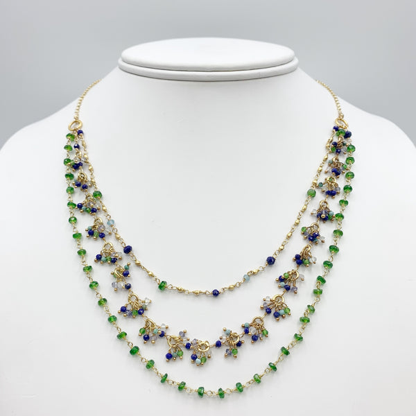 Yellow Gold Plated Necklace with Beaded Diopsides, Lapis’s, Labrodorites, and Turquoise’s