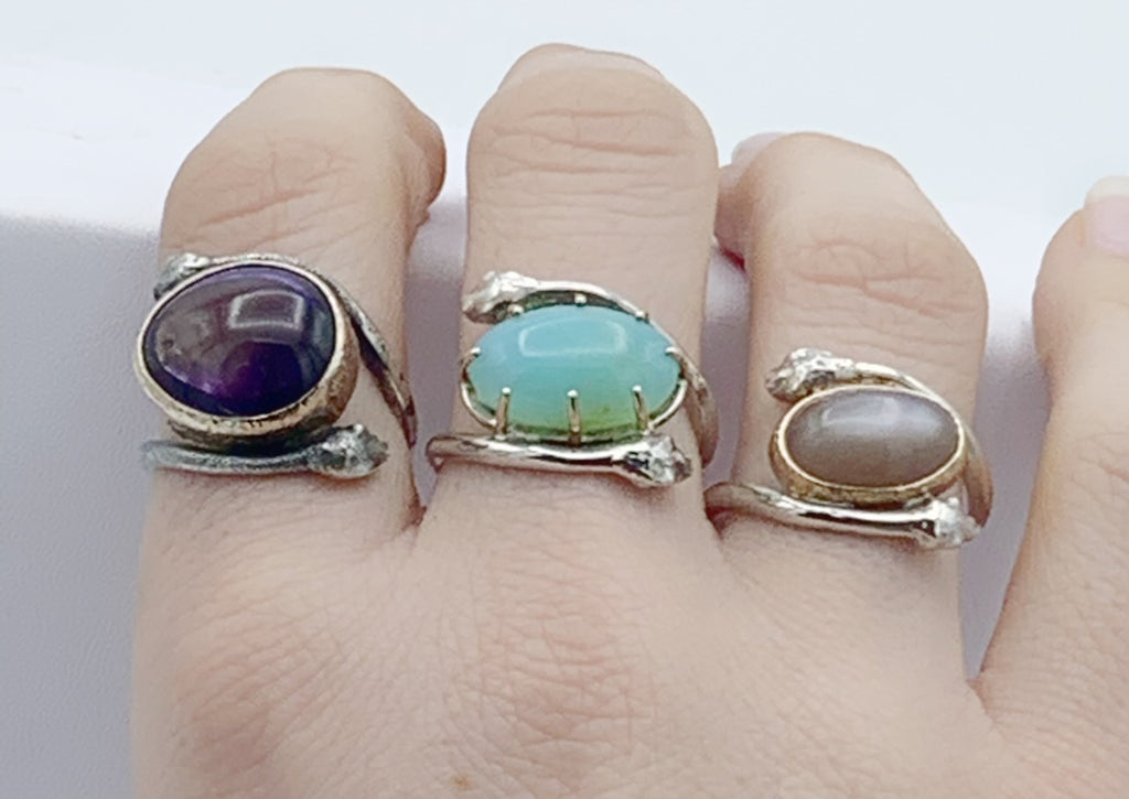 Sterling Silver and 14K Gold Pink Moonstone Snake Ring